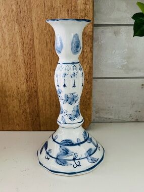 Hand Painted Blue and White Floral Porcelain Candlestick Candle Holder